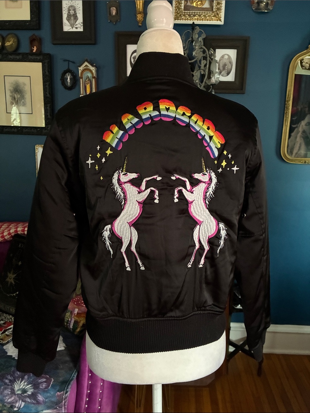 UNIF Hardcore Make Believe Unicorn Satin Bomber Jacket Size S Rare